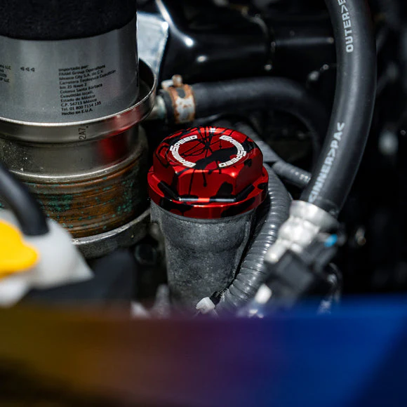 GrimmSpeed 89-21 Subaru Bolt Oil Cap Kit Red with Black Splatter - Image 8