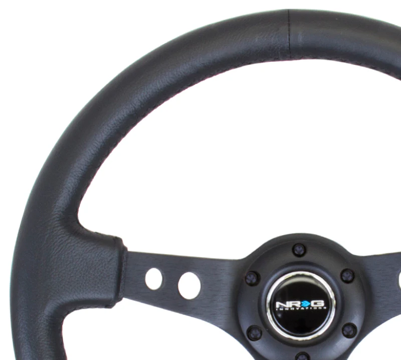 NRG Reinforced Steering Wheel (350mm / 3in. Deep) Blk Leather w/Blk Spoke & Circle Cutouts - Image 2