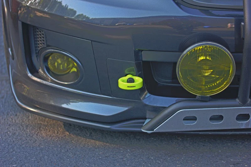 PERRIN 08-14 Subaru WRX & STI / 08-11 Impreza / 05-09 Legacy Tow Hook Kit (Front) - Neon Yellow - Image 5